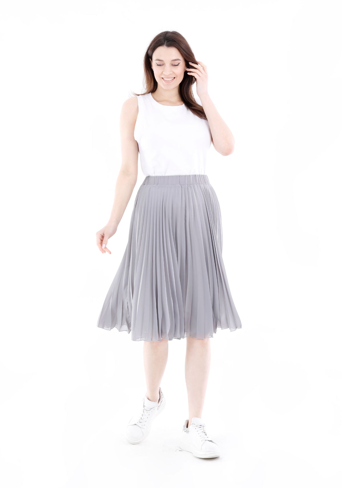 Grey Chiffon Midi Pleated Skirt with Elastic Waist Band Guzella