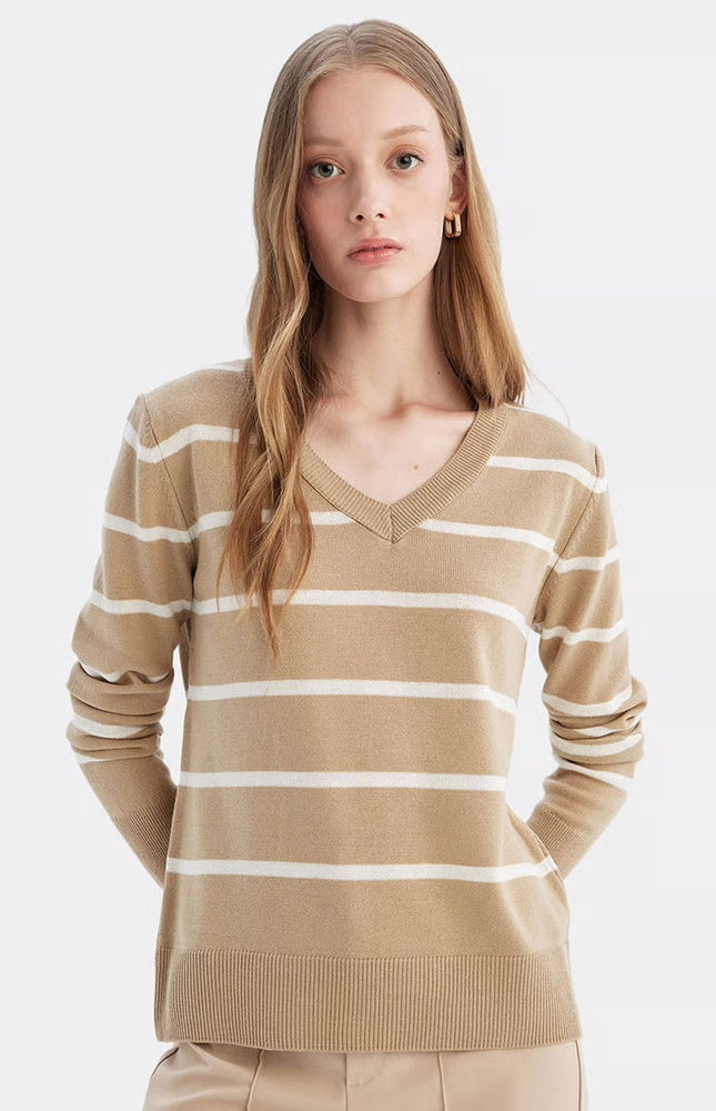 Relaxed Fit V-Neck Soft Textured Striped Sweater