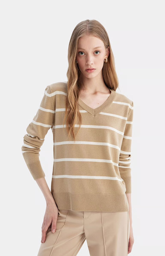 Relaxed Fit V-Neck Soft Textured Striped Sweater