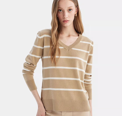 Relaxed Fit V-Neck Soft Textured Striped Sweater