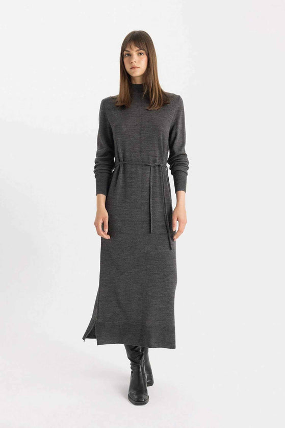 Regular Fit Half Turtleneck Basic Slit Maxi Knitwear Dress Gray