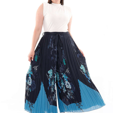  - Black-Navy Chiffon Oversized Plise Floral Pattern Palazzo with Belt - G-Line - G-Line