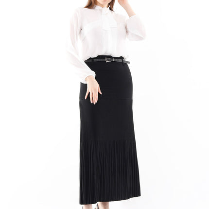  - Black Thin Pleated Maxi Skirt with Floral Belt - G-Line - G-Line