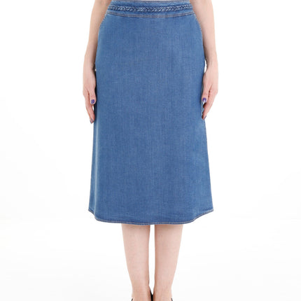  - Blue Tencel A-Line Denim Midi Skirt with Knit Waistband Belt and Pockets - G-Line - G-Line