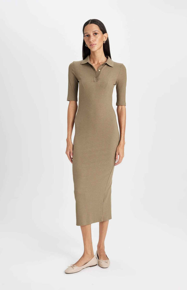 Bodycon Polo Neck Corduroy Half Sleeve Midi Dress