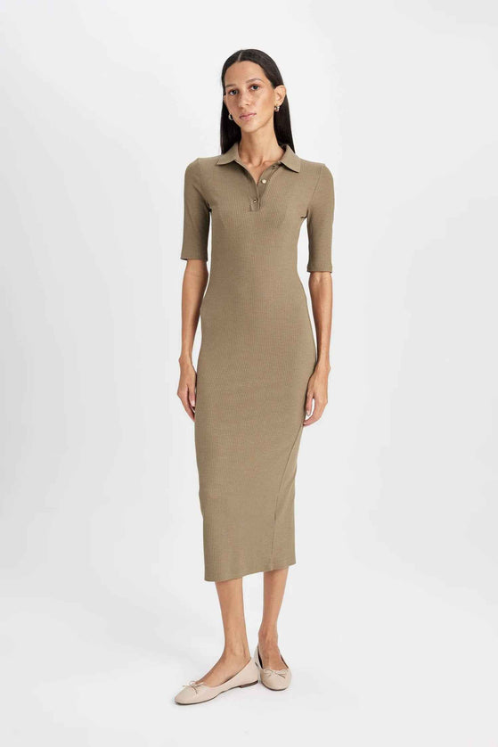 Bodycon Polo Neck Corduroy Half Sleeve Midi Dress