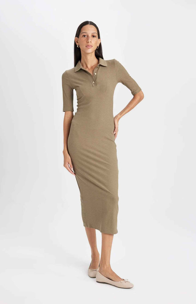Bodycon Polo Neck Corduroy Half Sleeve Midi Dress