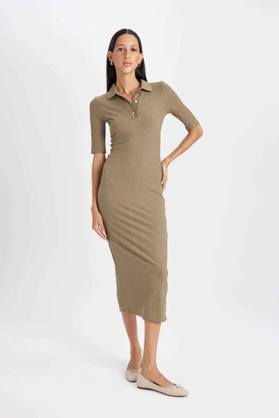 Bodycon Polo Neck Corduroy Half Sleeve Midi Dress