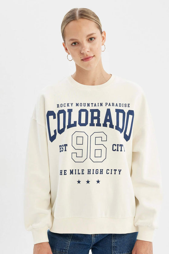 Loose Fit Crew Neck Printed Thick Fabric Sweatshirt