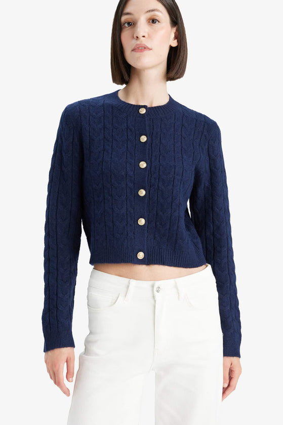 Regular Fit Crew Neck Knitted Buttoned Knitwear Cardigan