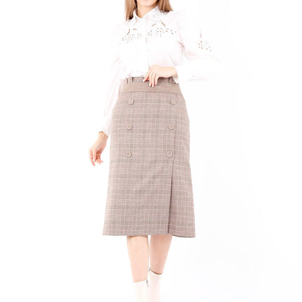  - Camel Midi Tartan Straight Plaid Belted Skirt with Decorative Buttons - G-Line