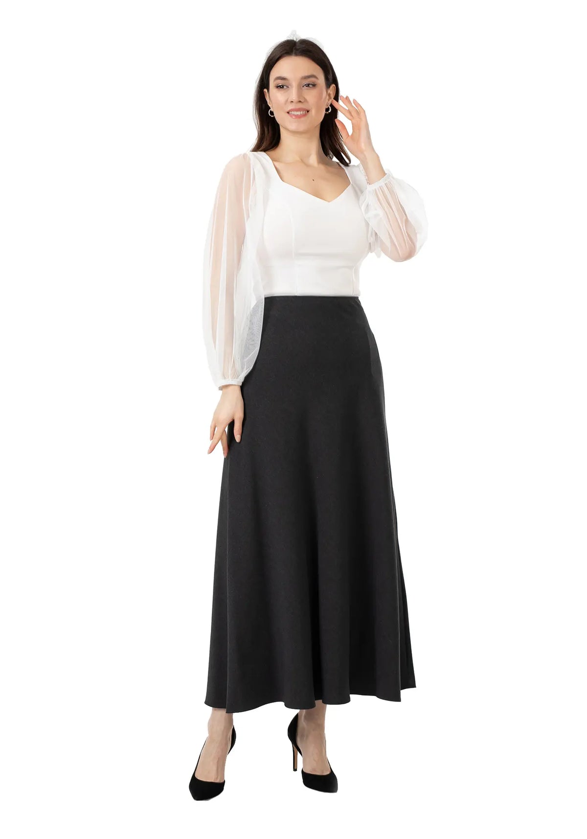 Charcoal A-Line Style Comfy Maxi Dress Skirt G-Line