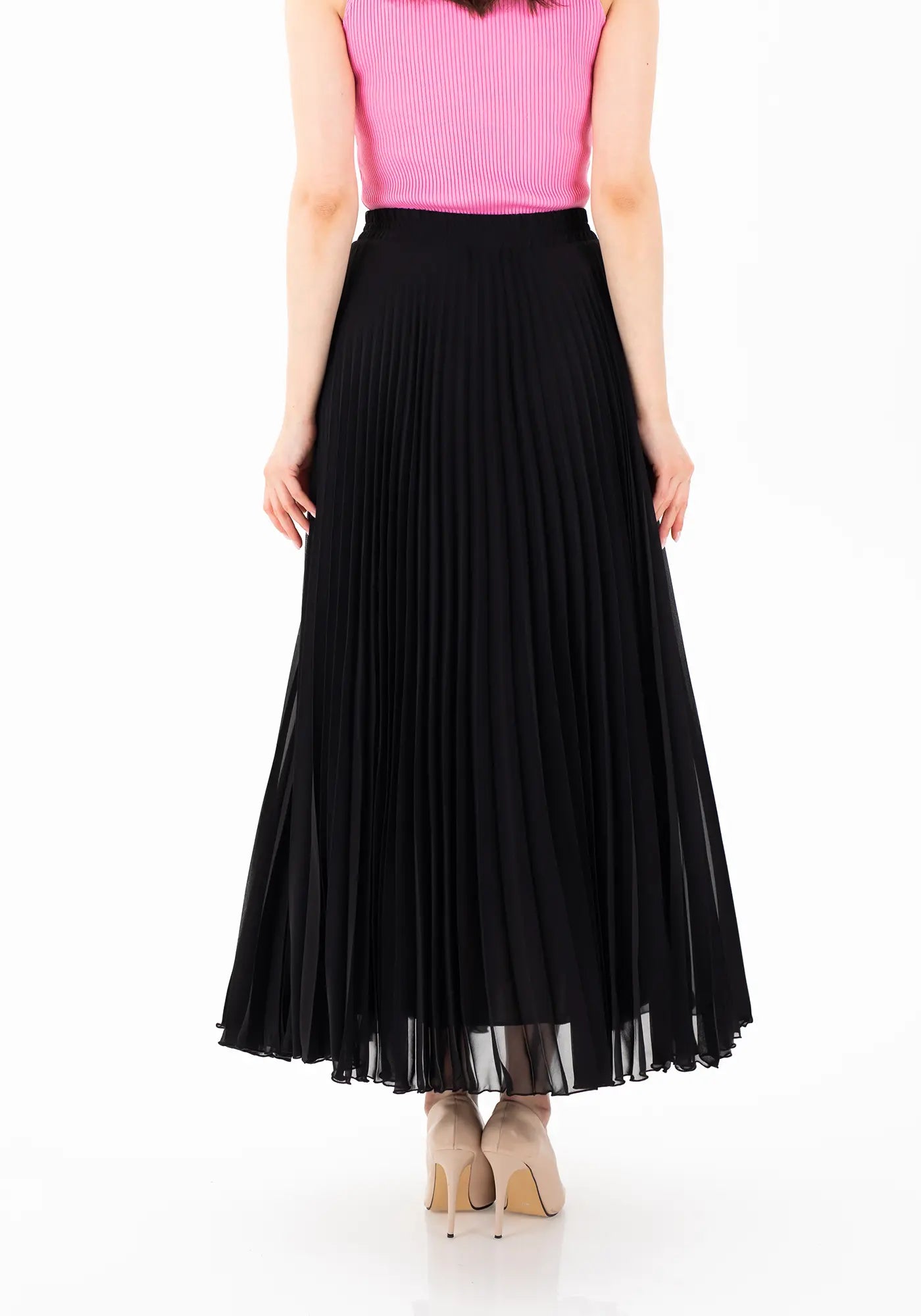 Black Chiffon Pleated Maxi Skirt with Elastic Waist Band - G-Line
