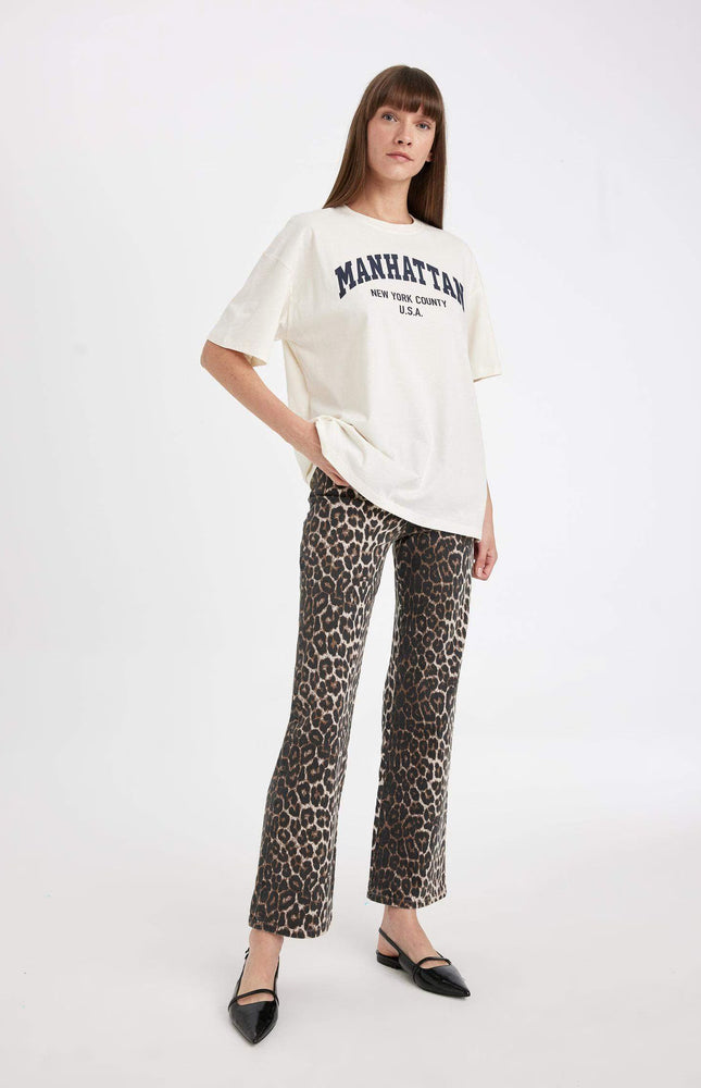 Straight Fit Snakeskin Patterned High Waist Long Pants