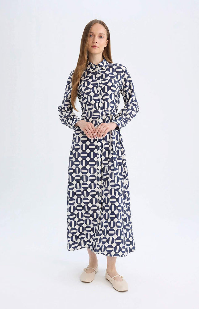 Shirt Collar Printed Basic Maxi Dress