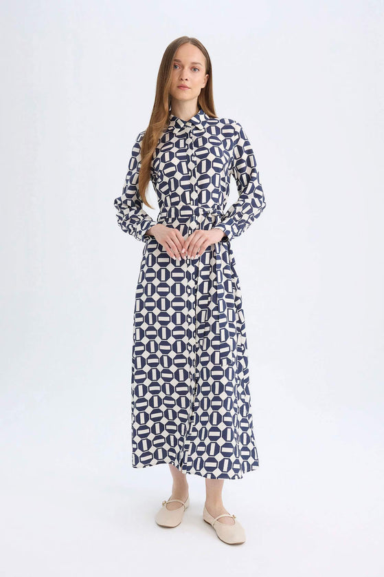 Shirt Collar Printed Basic Maxi Dress