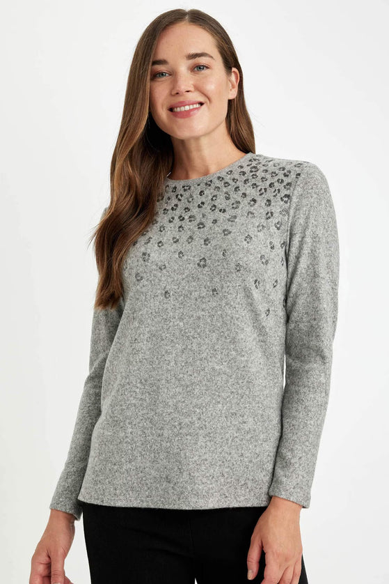 Relax Fit Crew Neck Leopard Long Sleeve T-Shirt