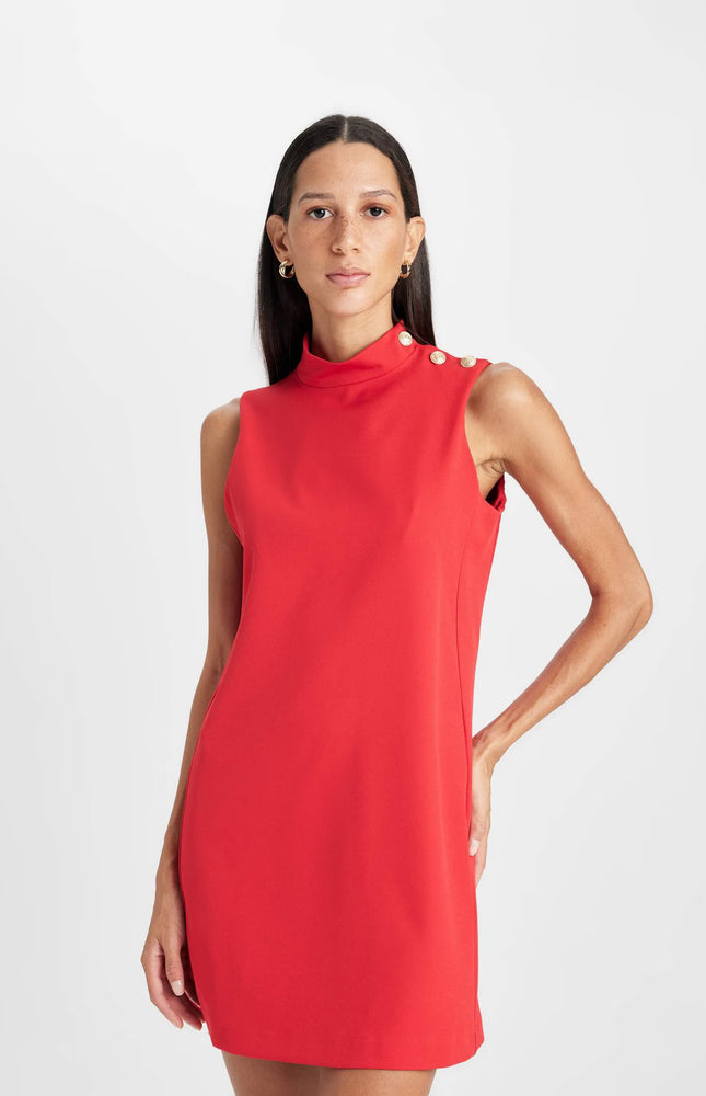 Half Turtleneck Button Detailed Mini Red Dress