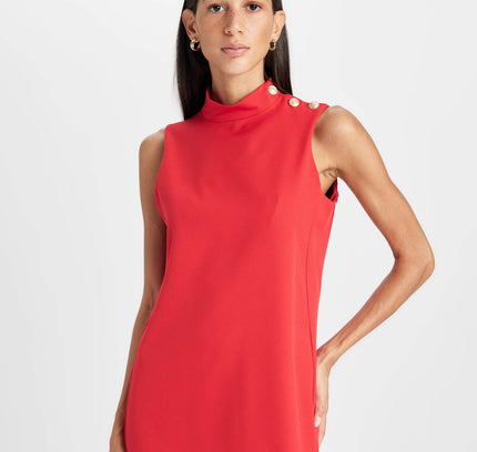 Half Turtleneck Button Detailed Mini Red Dress