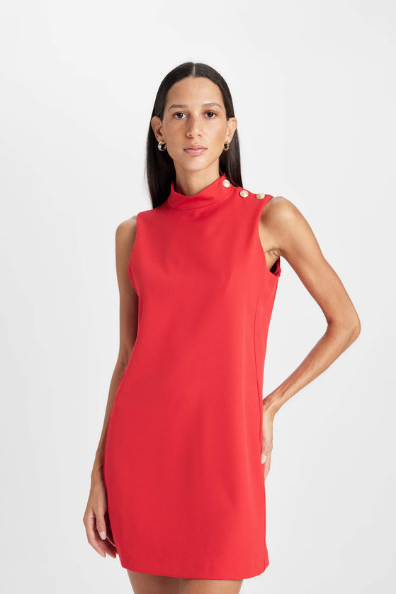 Half Turtleneck Button Detailed Mini Red Dress