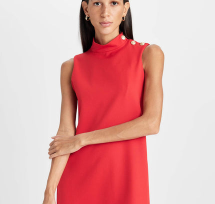 Half Turtleneck Button Detailed Mini Red Dress