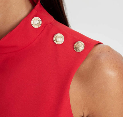 Half Turtleneck Button Detailed Mini Red Dress