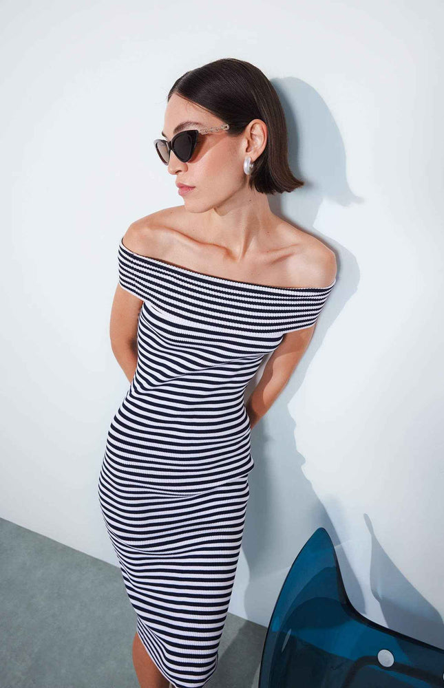 Fitted Striped Open Shoulder Ribbed Midi Dress
