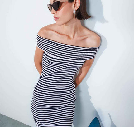 Fitted Striped Open Shoulder Ribbed Midi Dress