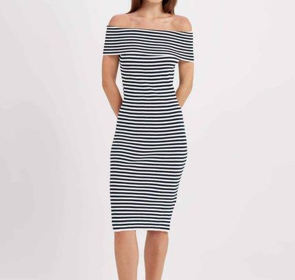 Fitted Striped Open Shoulder Ribbed Midi Dress