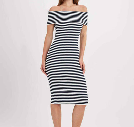 Fitted Striped Open Shoulder Ribbed Midi Dress