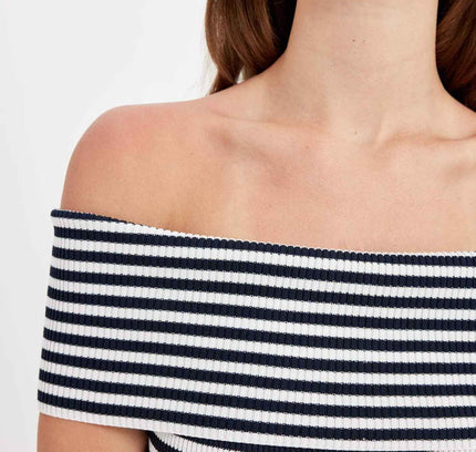 Fitted Striped Open Shoulder Ribbed Midi Dress