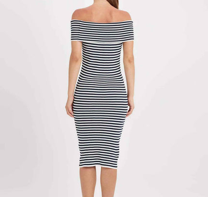 Fitted Striped Open Shoulder Ribbed Midi Dress