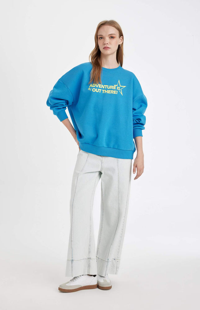 Loose Fit Crew Neck Printed Thick Fabric Sweatshirt