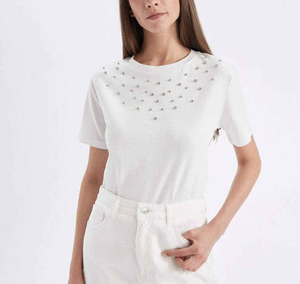 Regular Fit Crew Neck Stone Detailed Casual T-Shirt