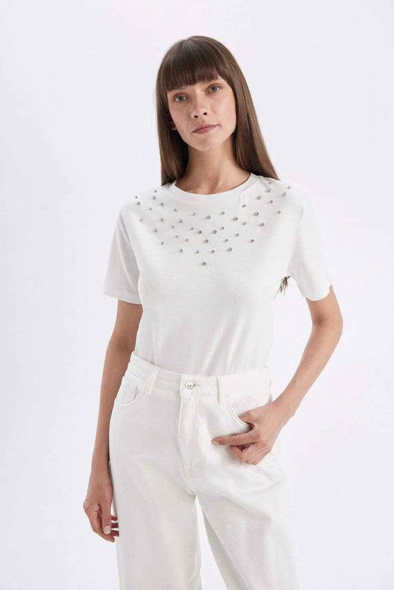 Regular Fit Crew Neck Stone Detailed Casual T-Shirt