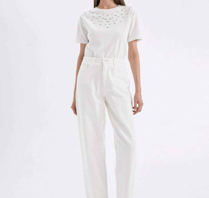 Regular Fit Crew Neck Stone Detailed Casual T-Shirt