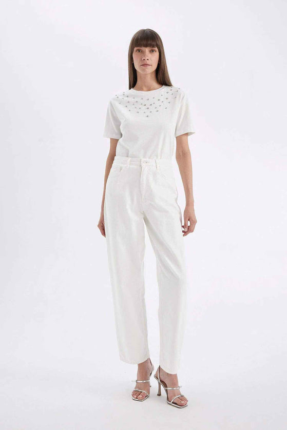 Regular Fit Crew Neck Stone Detailed Casual T-Shirt