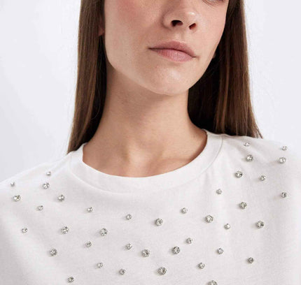 Regular Fit Crew Neck Stone Detailed Casual T-Shirt