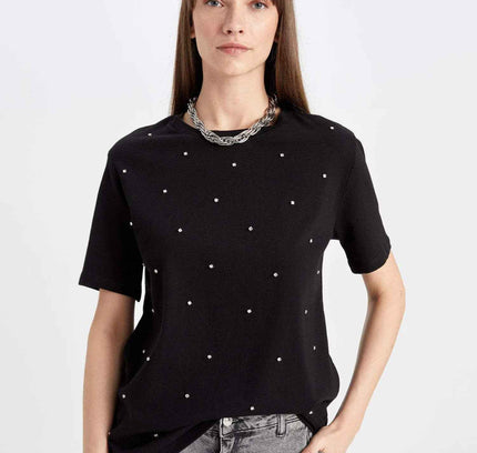 Regular Fit Crew Neck Stone Detailed Casual T-Shirt