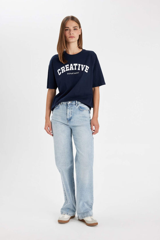 Oversize Fit Crew Neck Slogan Printed T-Shirt