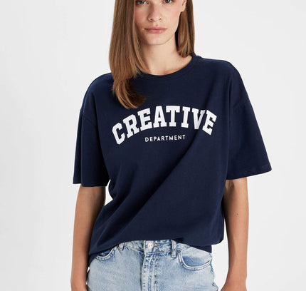 Oversize Fit Crew Neck Slogan Printed T-Shirt