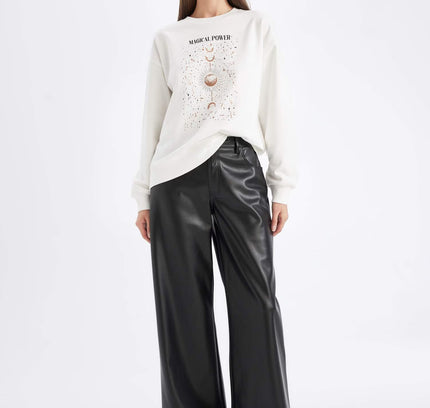 Relax Fit Crew Neck Printed Thin Casual Sweatshirt