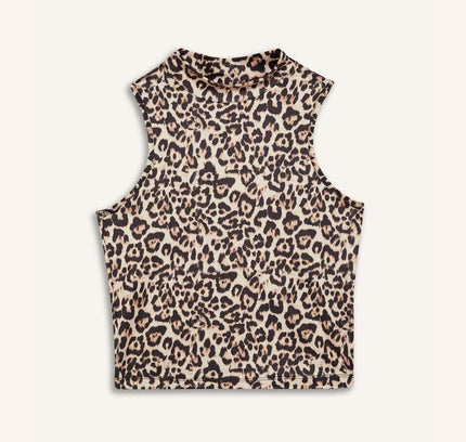 Slim Fit Half Turtleneck Leopard Sleeveless Blouse