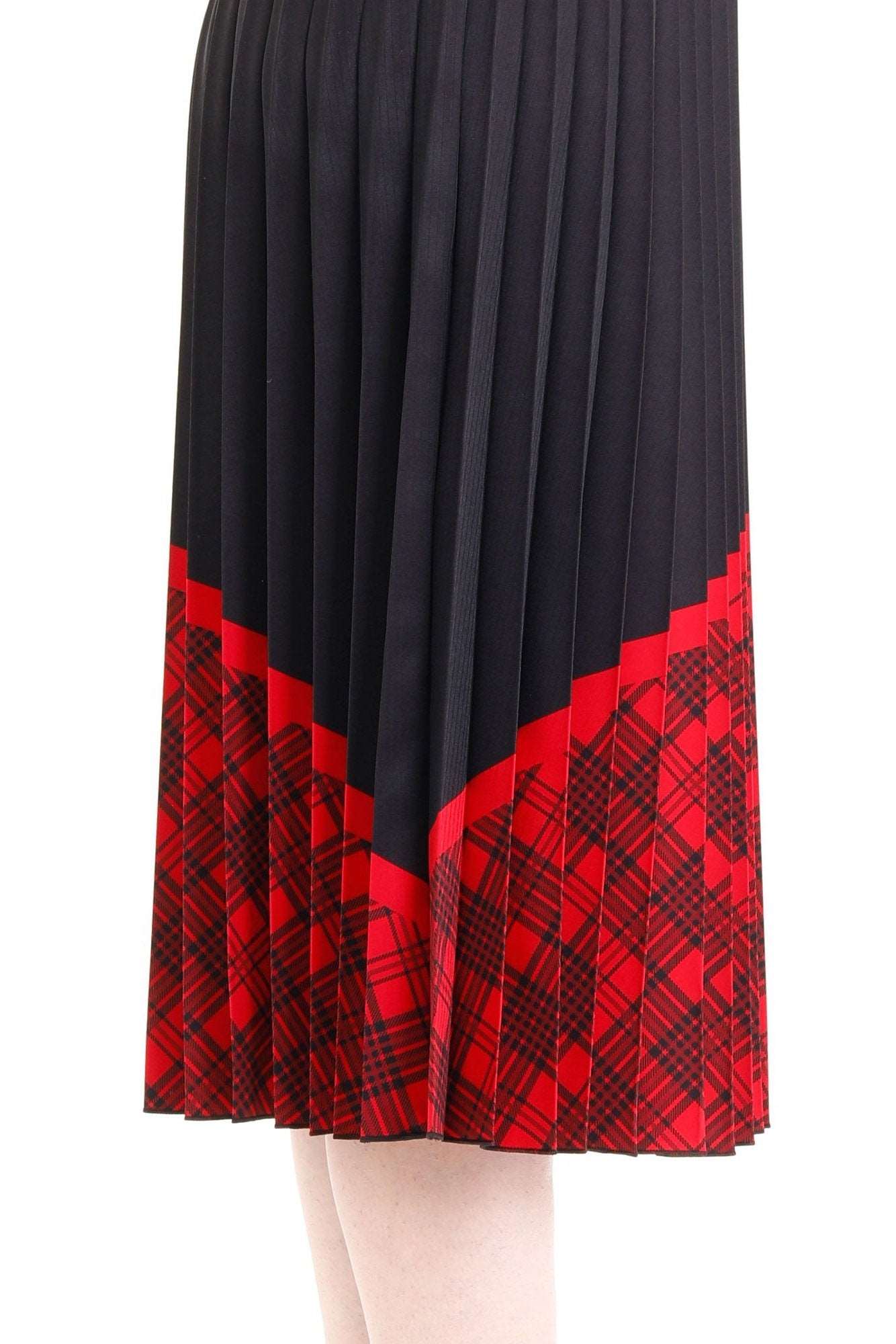 Accordion Pleated High Waist Casual Striped Hidden Zipper Midi Skirt (Red) Guzella