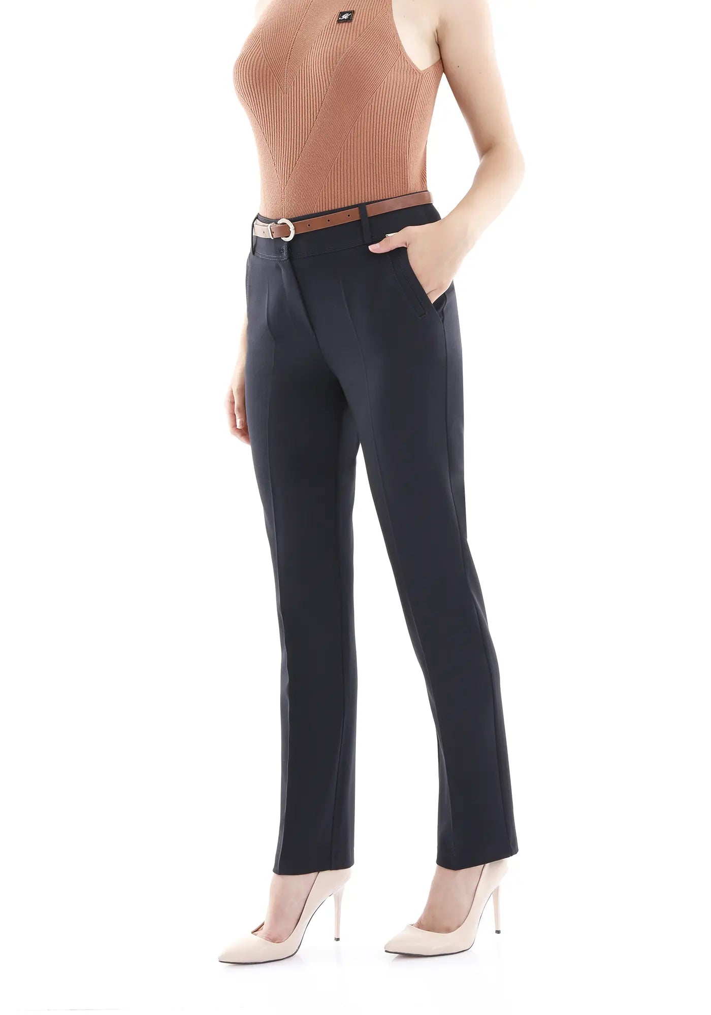 Navy Straight Leg Pants with Pockets and Belt