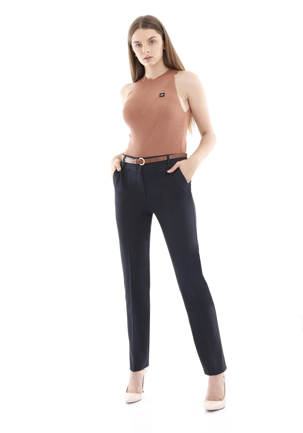 Navy Straight Leg Pants with Pockets and Belt