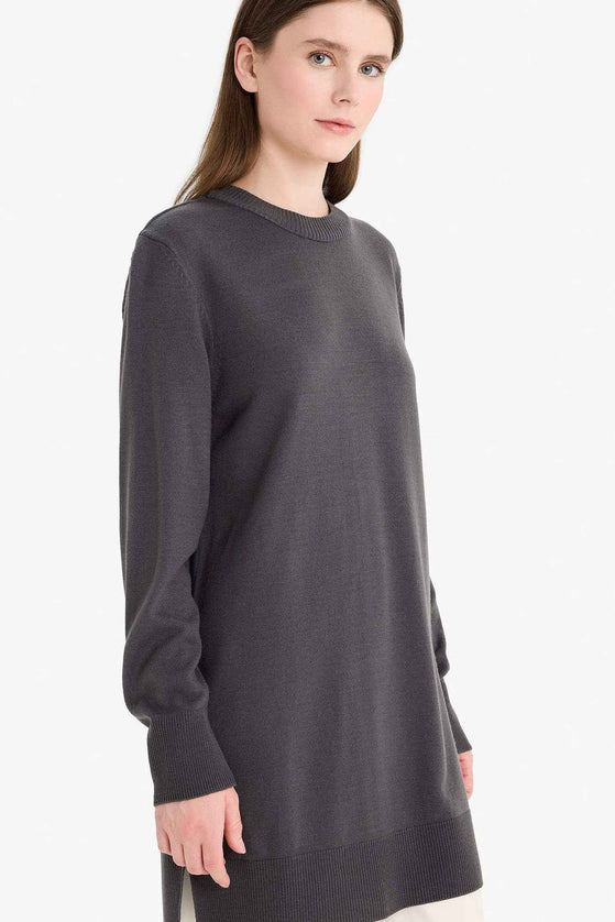 Regular Fit Crew Neck Side Slit Longline Tunic