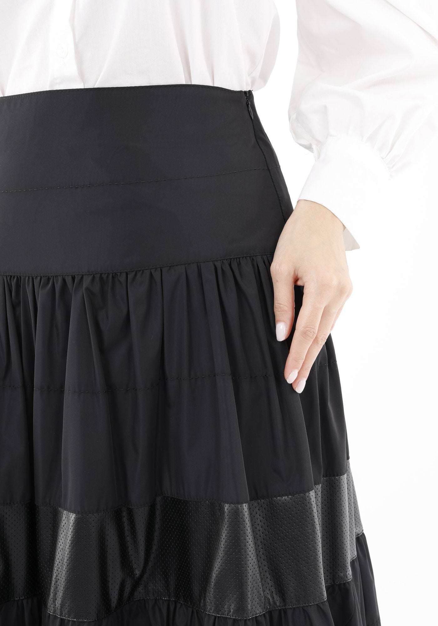 Black Pleated Tiered Skirt with Vegan Leather Lines Guzella