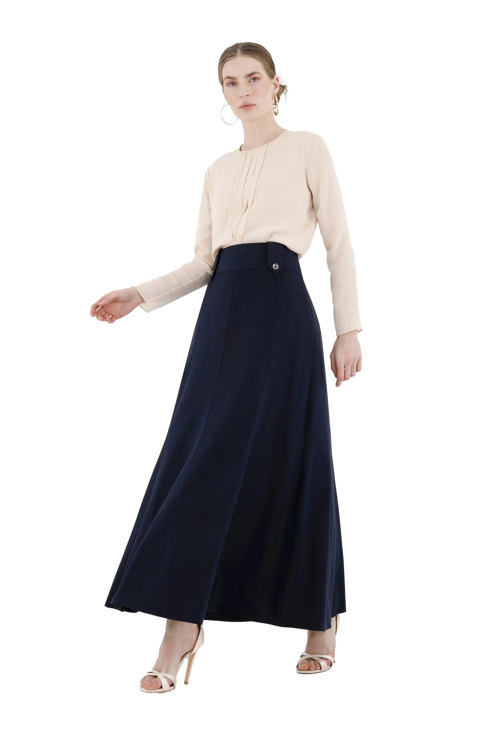 Navy Unique Gores Maxi Flared Skirt G-Line