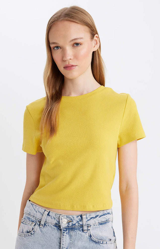 Fitted Crew Neck Ribbed Basic Short Sleeve T-Shirt